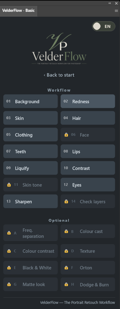 VelderFlow Basic — workflow with Pro items dimmed and padlocked