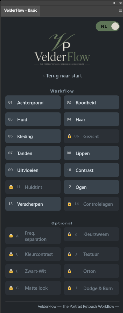 VelderFlow Basic — de werkvolgorde met Pro-onderdelen gedempt en een slotje