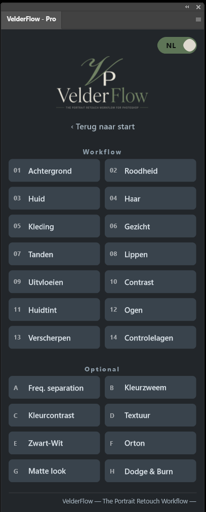VelderFlow Pro — volledige werkvolgorde, alles beschikbaar